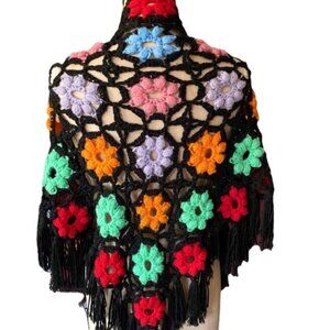Vintage crochet knit granny flowers floral multicolor wrap scarf shawl w fringe